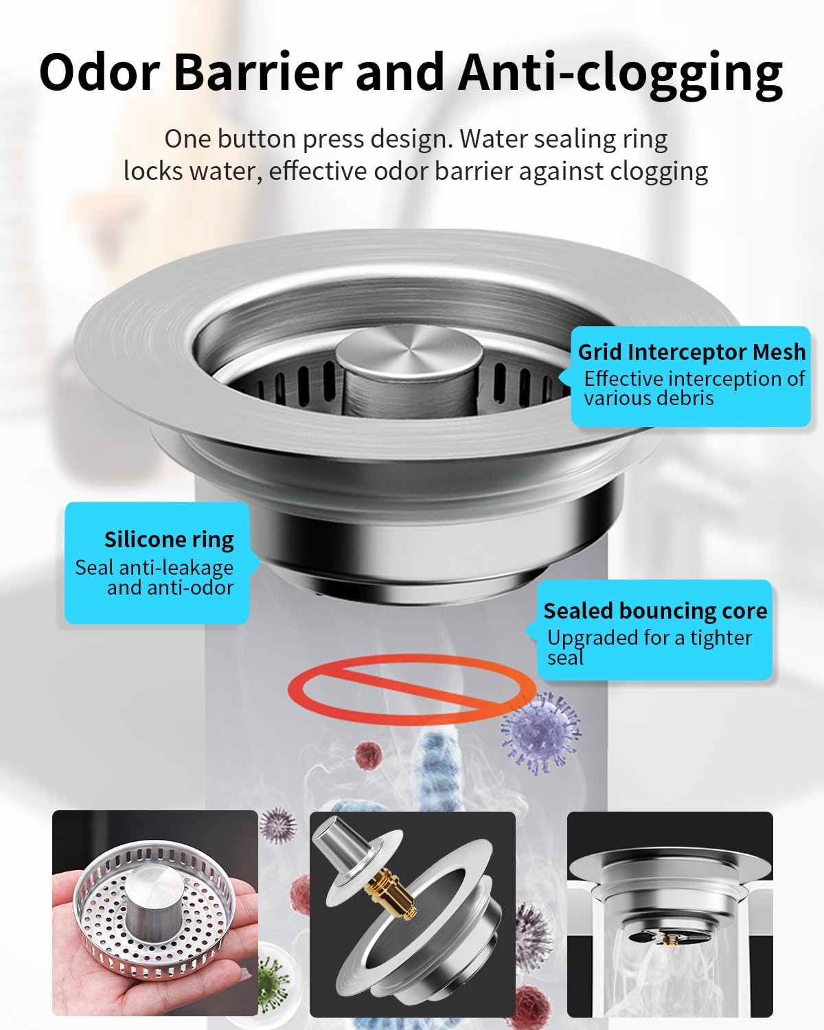 3 in 1 Kitchen Sink Drain Strainer [304 Stainless Steel Pop Up] Anti-Clogging Kitchen Sink Drain Stopper Stainless Steel Efficiently Drainage Odor Filter Sink Plug for Us Standard 3-1/2 Inch