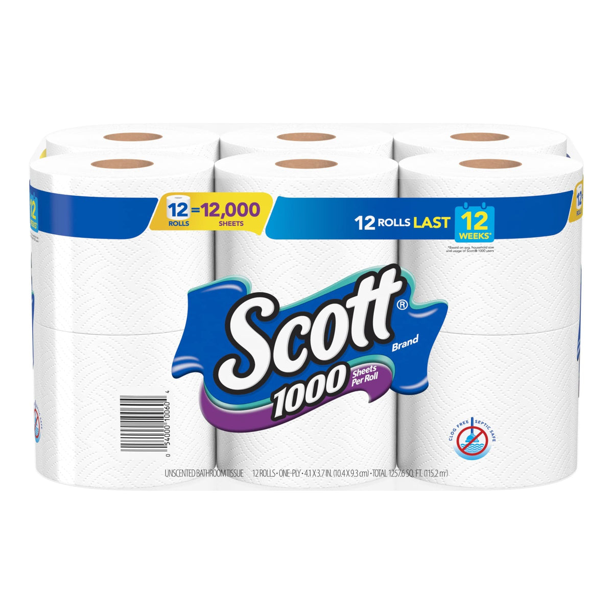 Scott 1000 Toilet Paper, 8 Rolls, Septic-Safe, 1-Ply Toilet Tissue