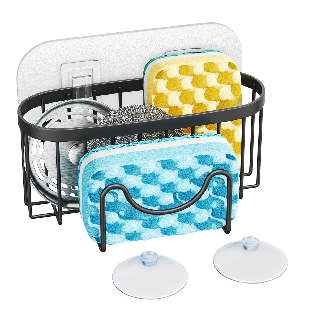 HapiRm Multifunctional Sponge Holder with Unique M-Shaped, 2 Installation Methods Kitchen Sink Caddy Organizer, Rustproof Stainless Steel Kitchen Organizers and Storage Essentials - Black