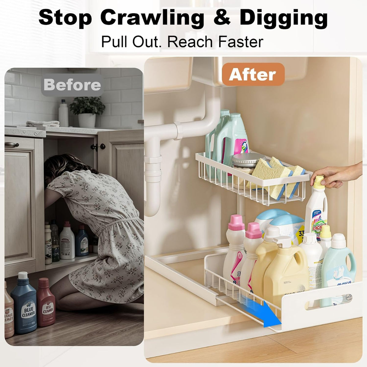 REALINN Under Sink Organizer, L-Shaped 2 Tier Pull Out Cabinet Organizer