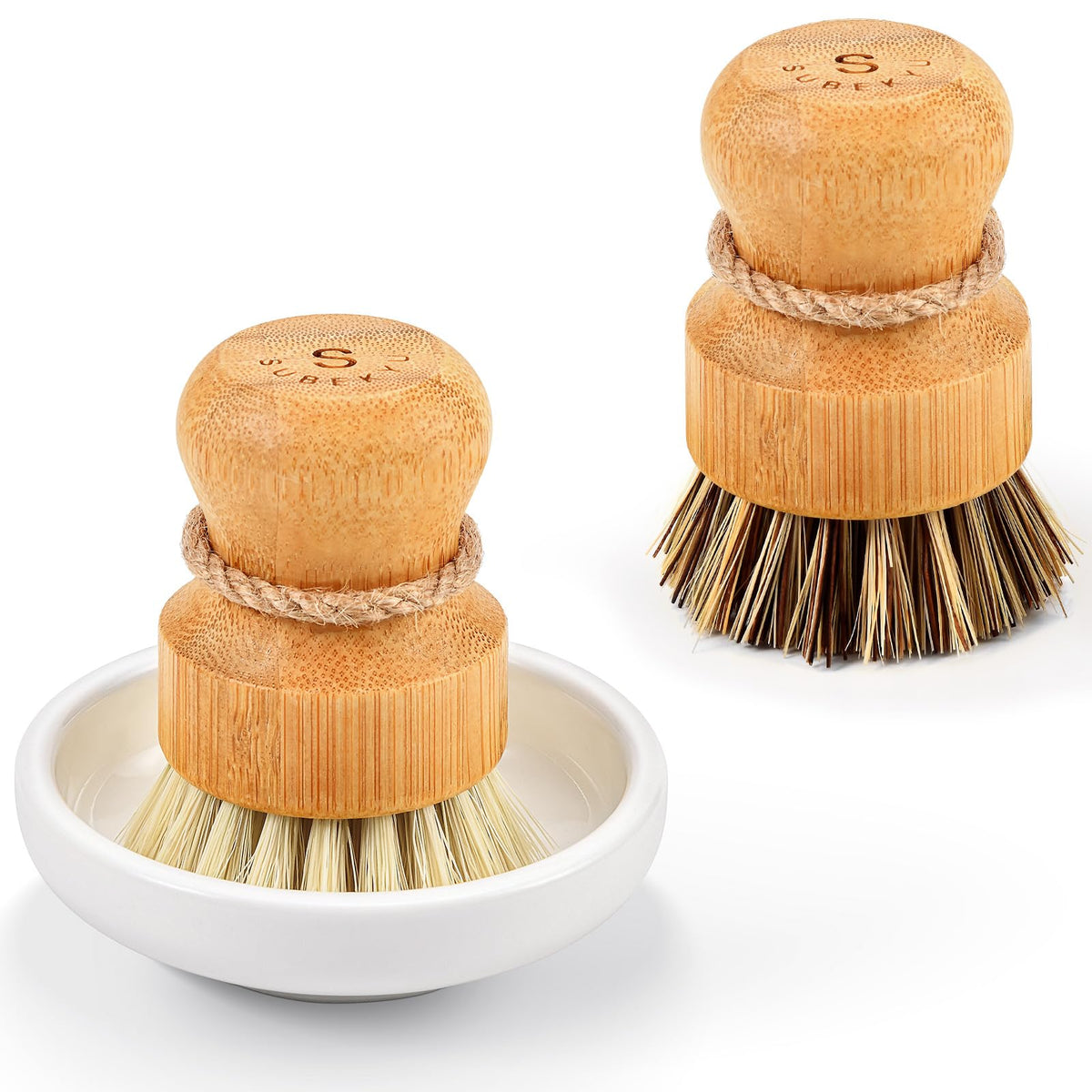 SUBEKYU Bamboo Dish Scrub Brush,Produce Brush,3 Pack with Ceramic Holder