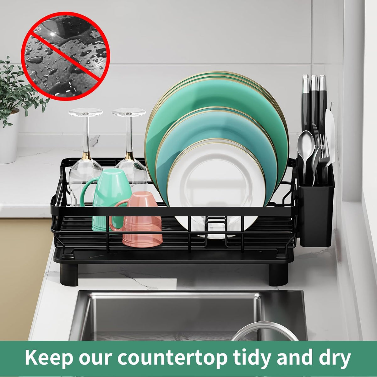 MOUKABAL Dish Drying Rack with Drainboard for Kitchen Counter, Black