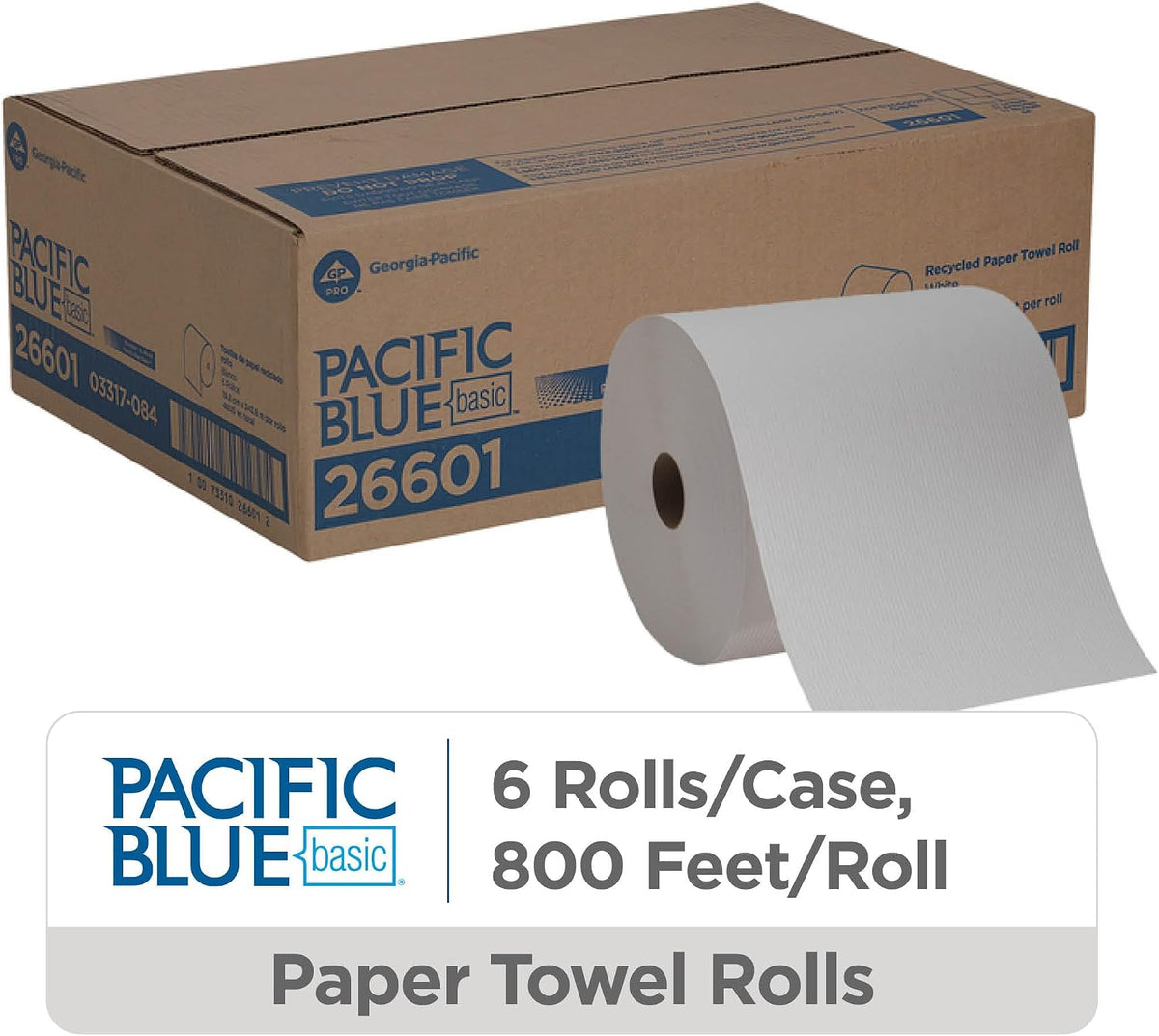 Pacific Blue Basic Recycled Paper Towel Rolls (previously branded Envision) by GP PRO (Georgia-Pacific), White, 26601, 800 Feet Roll (Pack of 1)
