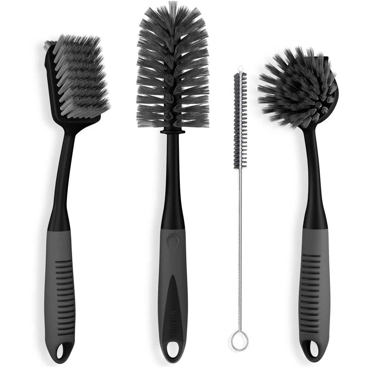 Dish Brush Set of 5 with Holder - Kitchen Scrub Brushes with Non-Slip Long Handle for Cleaning, Scrubber, Dishwashing, Dishes, Bottles, Straws, Cups, Pots & Sink, Black