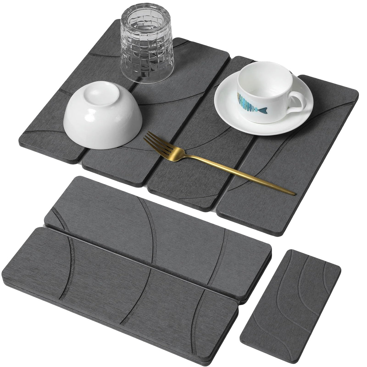 Large Stone Dish Drying Mat for Kitchen Counter, Quick Dry Stone Dishes/Bath Mats,Foldable Water Absorbing Diatomaceous Earth Drying Organizer Pad for Plate Rack Bottles Utensils(Dark Gray 24"×16")