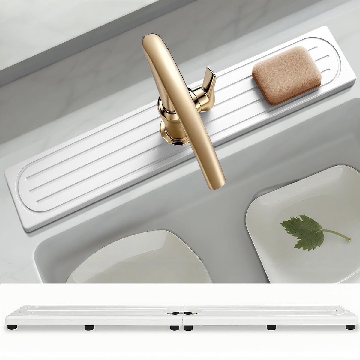 Fast Drying Stone Faucet Mat for Kitchen Sink with Raised Feet, Water Absorbent Diatomite Stone Sink Tray, Faucet Sink Splash Guard, Prevents Moisture Buildup, Durable Protector for Bathroom Counter