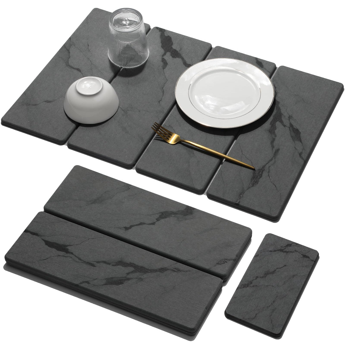 Large Stone Dish Drying Mat for Kitchen Counter, Quick Dry Stone Dishes/Bath Mats,Foldable Water Absorbing Diatomaceous Earth Drying Organizer Pad for Plate Rack Bottles Utensils(Dark Gray 24"×16")