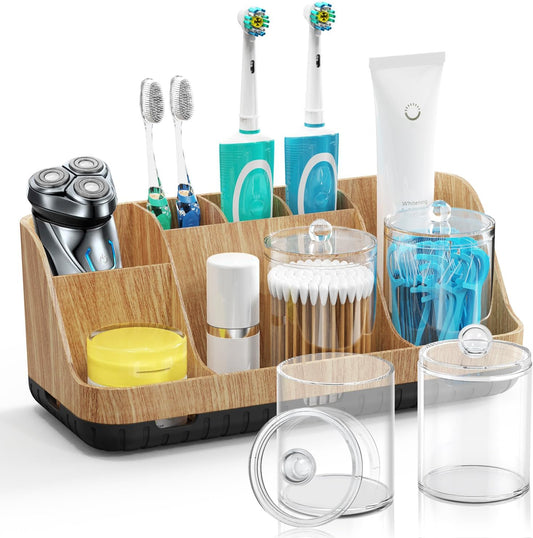 GFWARE Bathroom Toothbrush Holder Set with 2 Pack Qtip Holder Dispenser - 7 Slots Kids Bathroom Accessory Sets with Drainage, Q Tip Holder for Bathroom Sink Counter Accessories Set