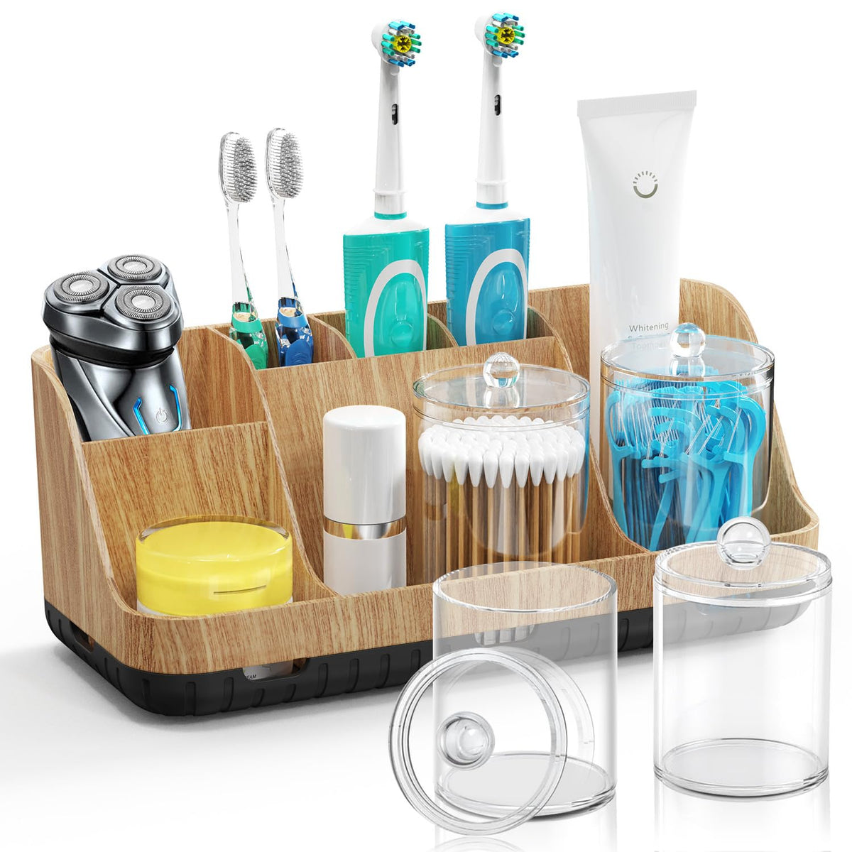 GFWARE Bathroom Toothbrush Holder Set with 2 Pack Qtip Holder Dispenser - 7 Slots Kids Bathroom Accessory Sets with Drainage, Q Tip Holder for Bathroom Sink Counter Accessories Set