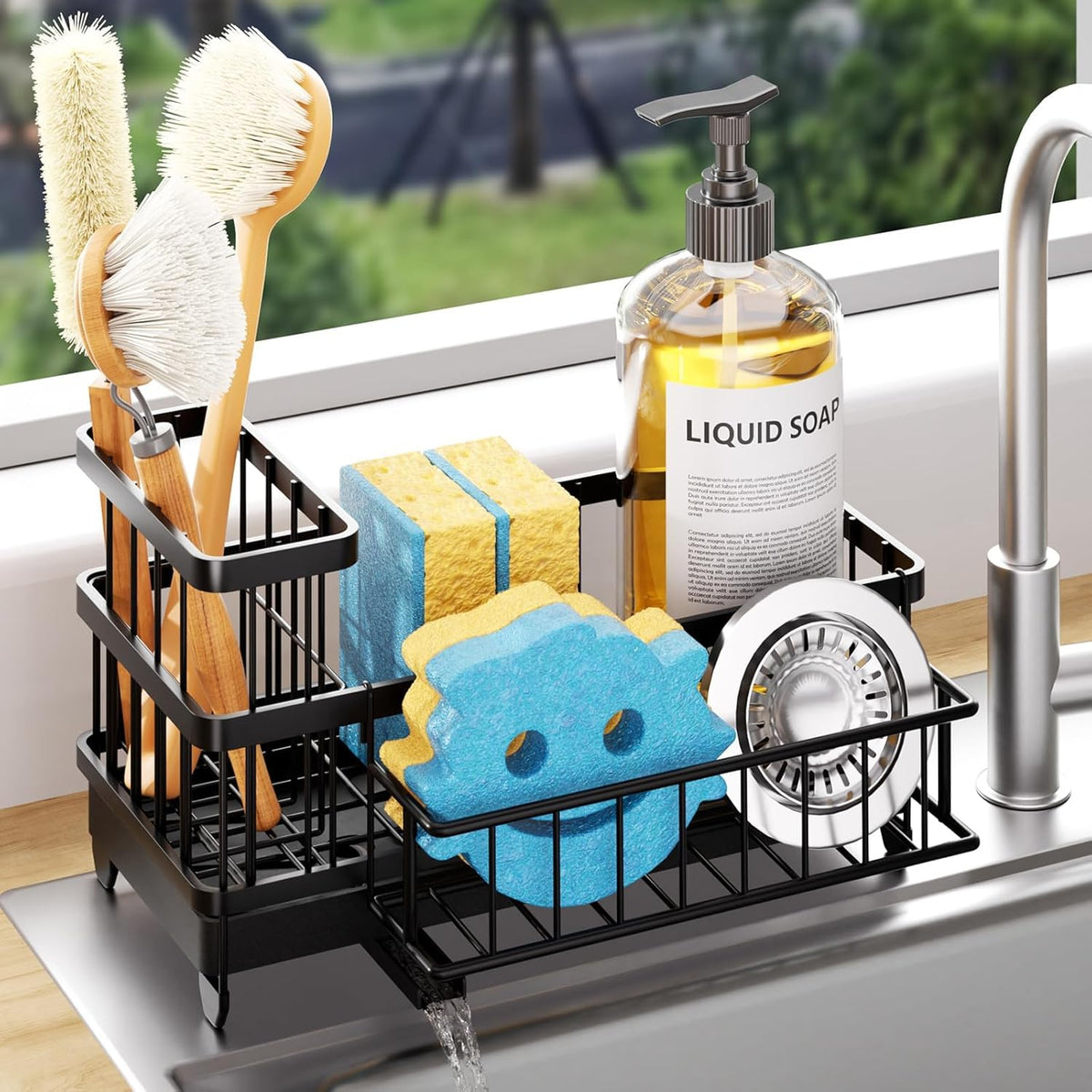 Consumest Sponge Holder for Kitchen Sink - Auto Draining Sink Caddy Organizer with Detachable Rack, High Brush Holder, Kitchen Countertop Storage Accessories, Black