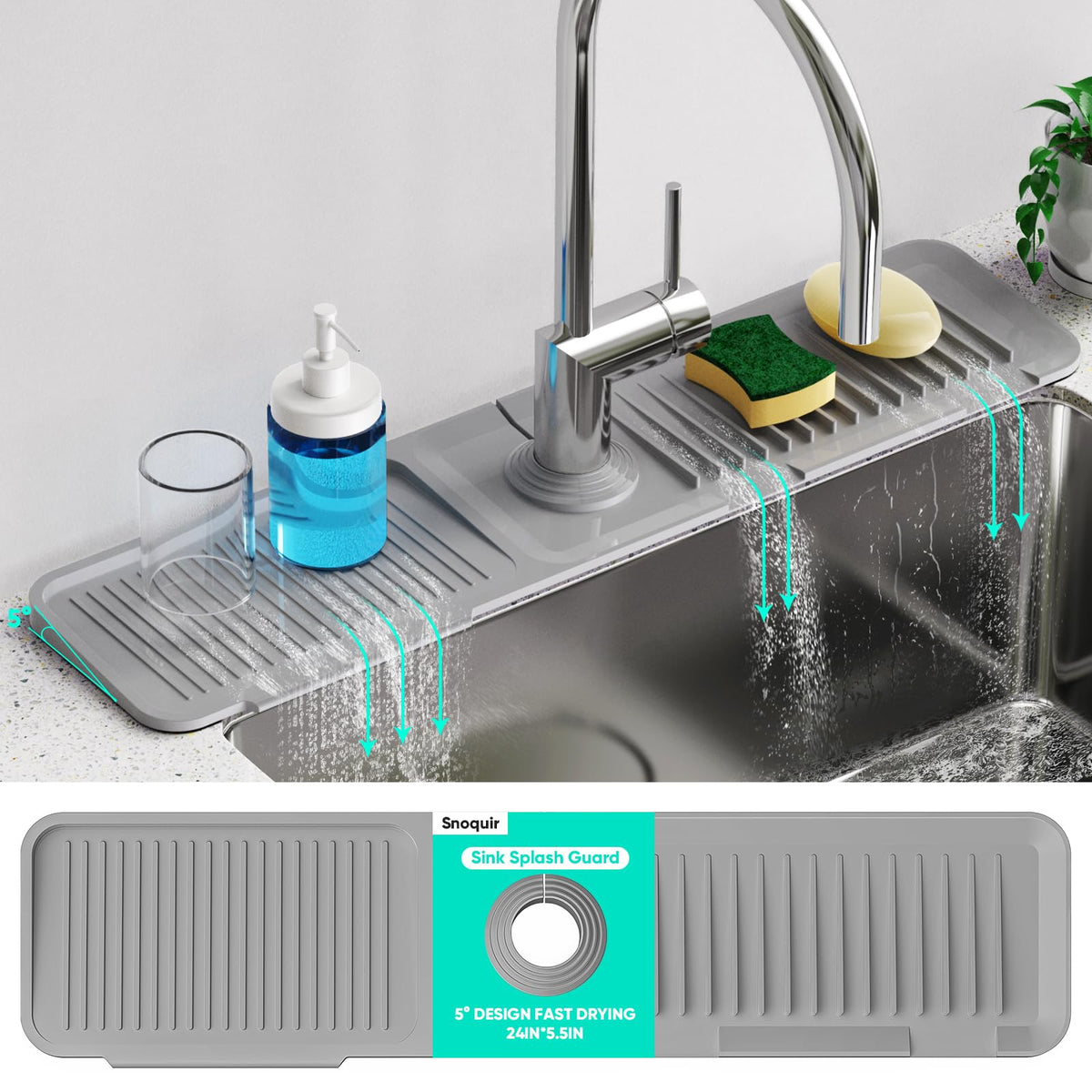 24'' Longer Faucet Mat for Kitchen Sink Splash Guard Drain Mat Behind Fauce