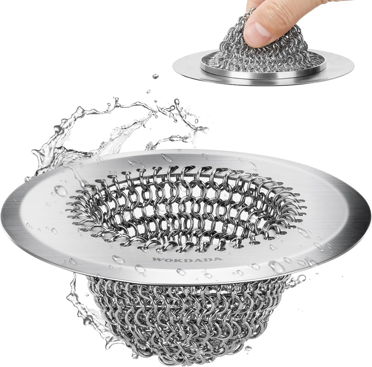 WOKDADA Upgraded Sink Drain Strainer, Patented Reversible Chain Mail Mesh