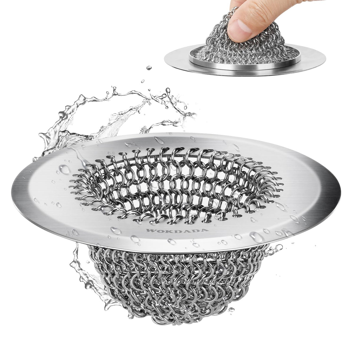 WOKDADA Upgraded Sink Drain Strainer, Patented Reversible Chain Mail Mesh