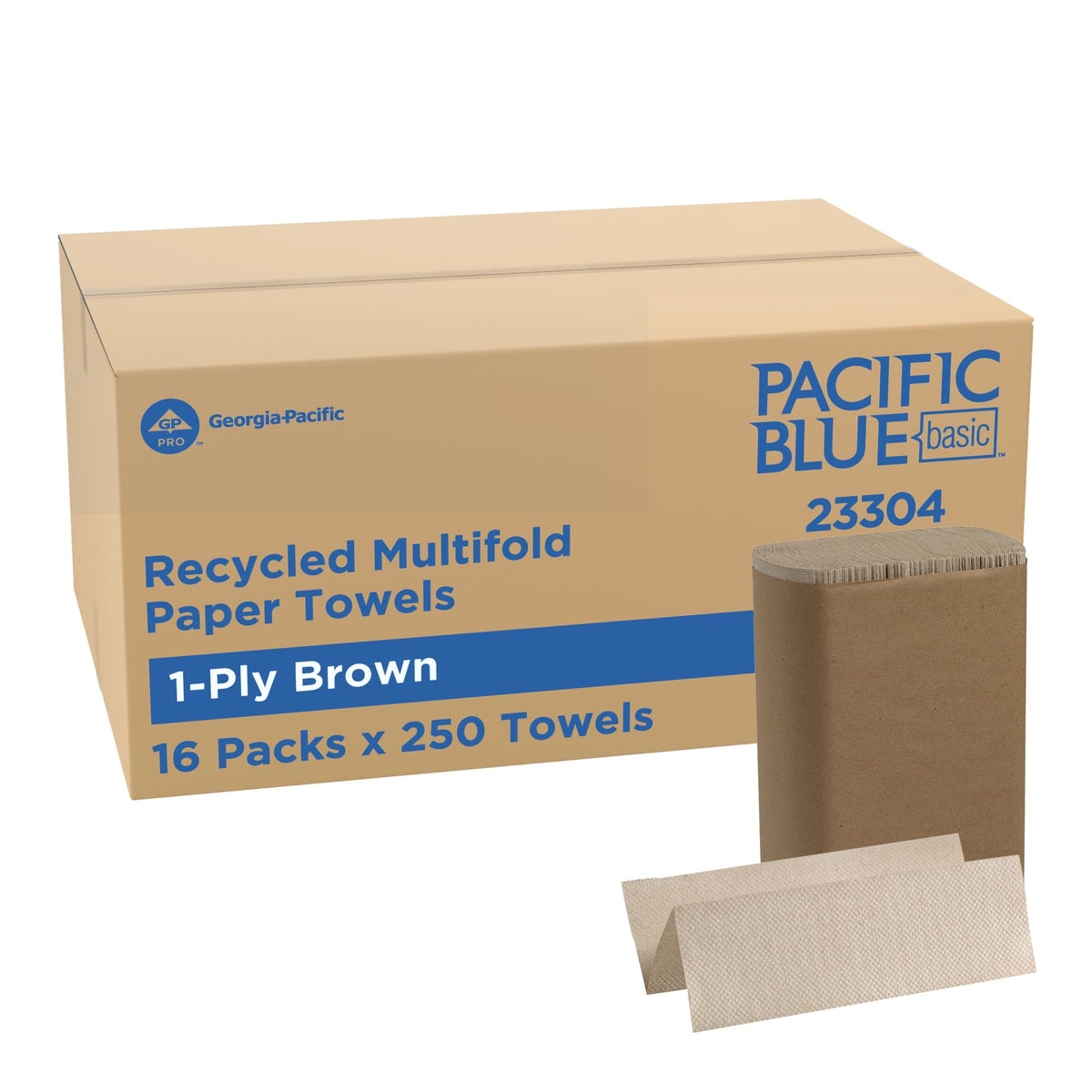 Pacific Blue Basic by Georgia-Pacific PRO Recycled Multifold 1-Ply Paper Towels, Brown, 9.4” x 9.2” (LxW), 250 Towels Per Pack, 16 Packs Per Case, 23304