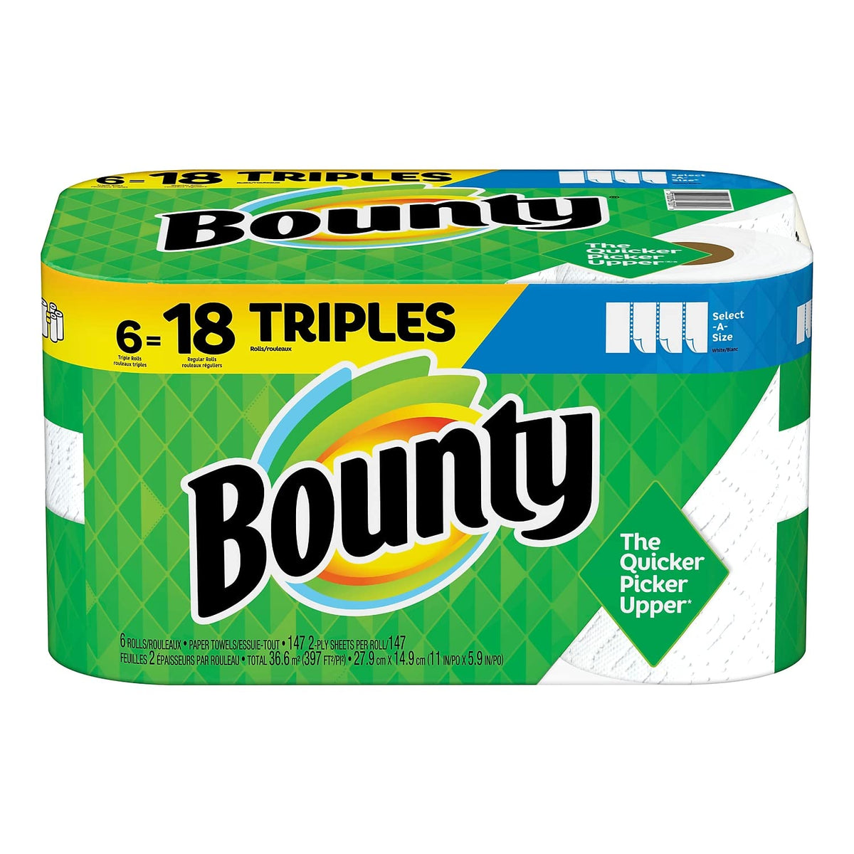 Bounty Essentials Select-A-Size Paper Towels, White, 6 Triple Rolls = 18 Regular Rolls