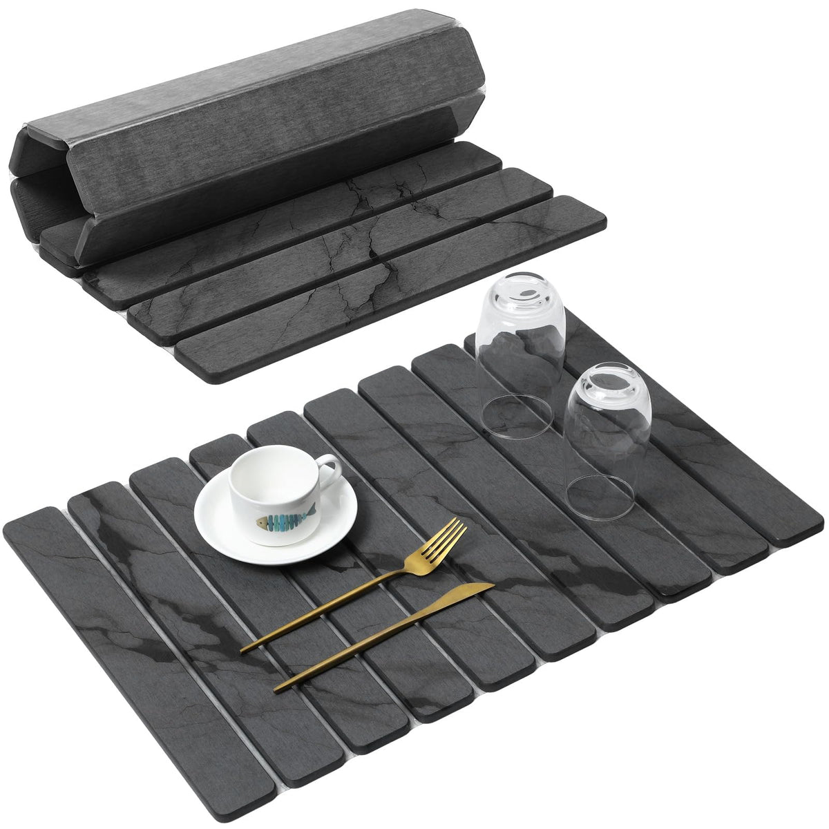 Large Stone Dish Drying Mat for Kitchen Counter, Quick Dry Stone Dishes/Bath Mats,Foldable Water Absorbing Diatomaceous Earth Drying Organizer Pad for Plate Rack Bottles Utensils(Dark Gray 24"×16")