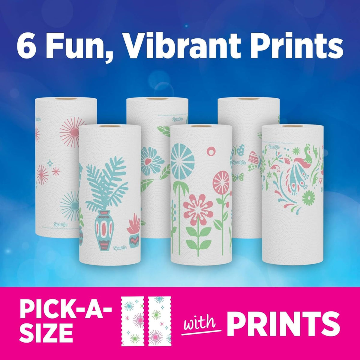 Sparkle Pick-A-Size Paper Towels, Spirited Prints, 2 Double Rolls, Strong 2 Ply Towels for Kitchen Cleanup and Everyday Messes