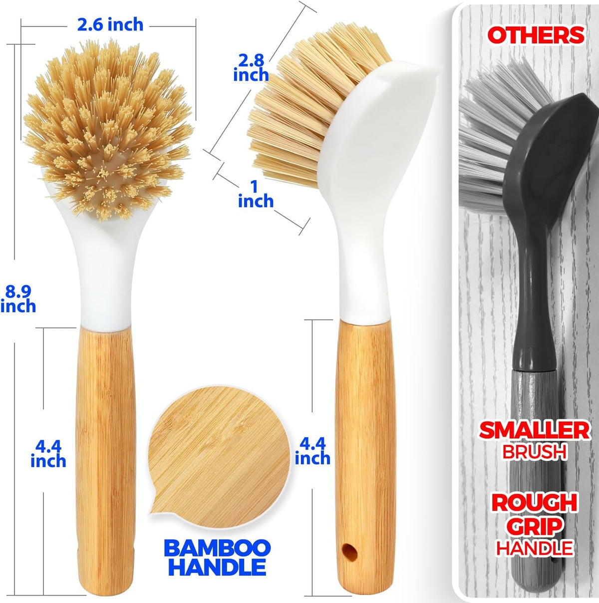 Holikme 3 Pack Dish Brush with Bamboo Handle Cleaning Brush,White Black