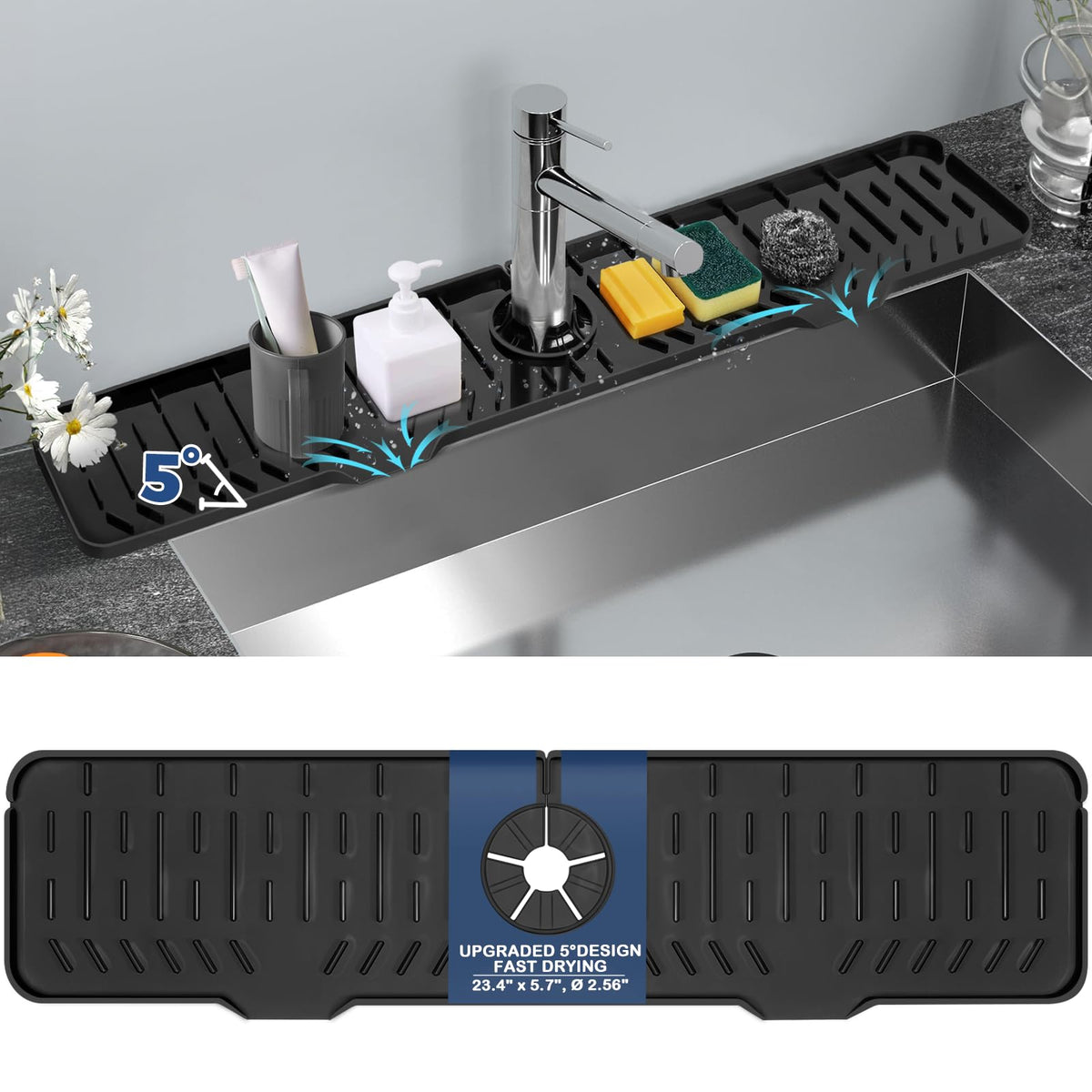 BFONS Silicone Faucet Handle Drip Catcher Drying Tray Mat Dish Soap Sponge Holder Accessories Gadgets for Kitchen Counter Bathroom Kitchen Sink Splash Guard -Grey