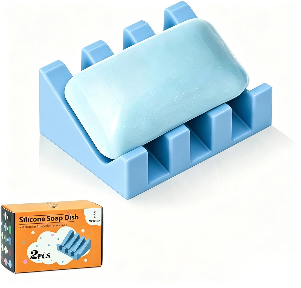 Self Draining Silicone Soap Dish Holder Waterfall Tray, 2 Pack Black