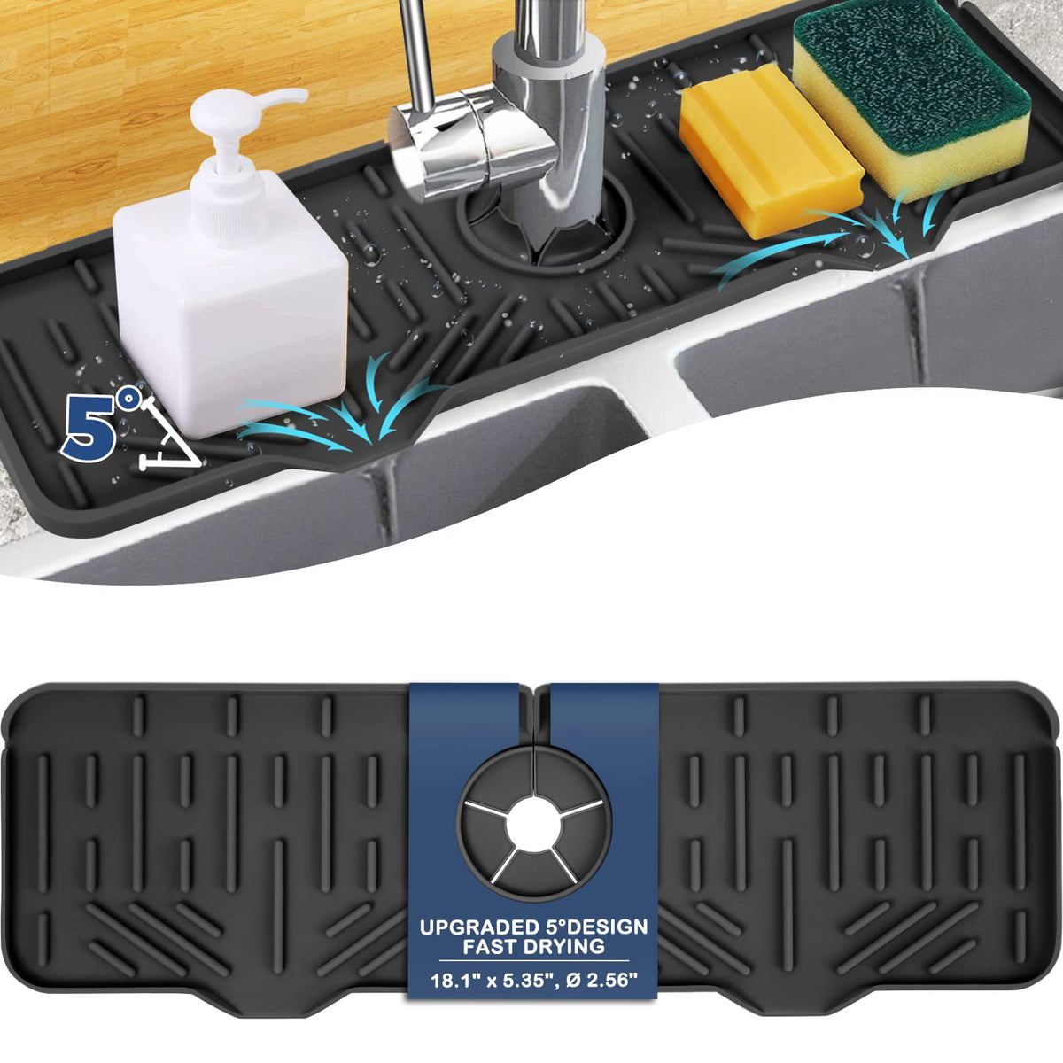 BFONS Silicone Faucet Handle Drip Catcher Drying Tray Mat Dish Soap Sponge Holder Accessories Gadgets for Kitchen Counter Bathroom Kitchen Sink Splash Guard -Grey