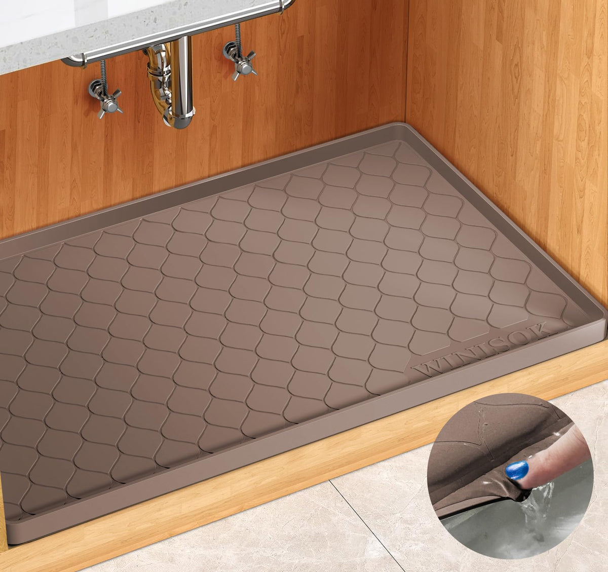 Winisok Waterproof Under Sink Mat 34" x 22", Silicone Mat, Beige