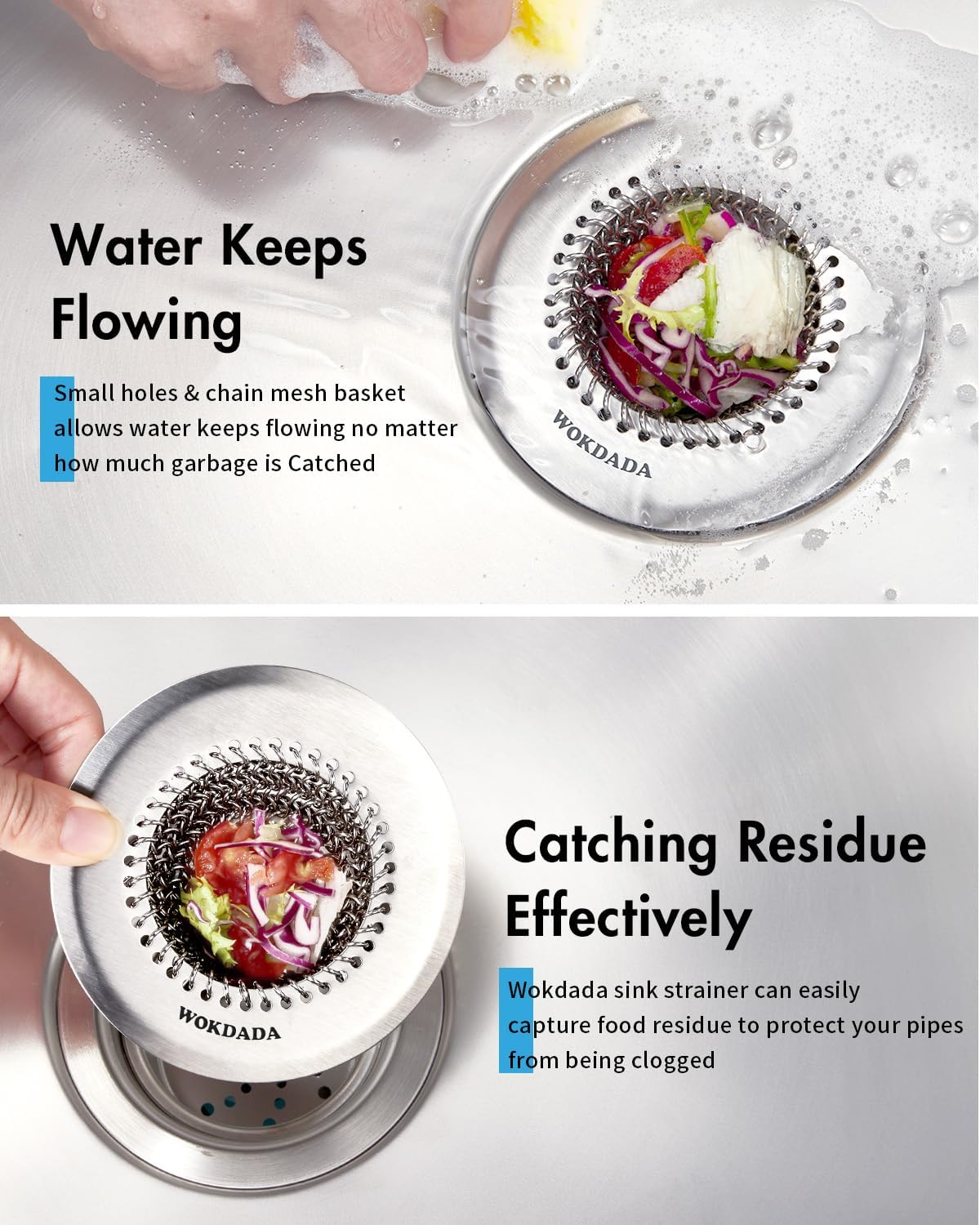 WOKDADA Upgraded Sink Drain Strainer, Patented Reversible Chain Mail Mesh