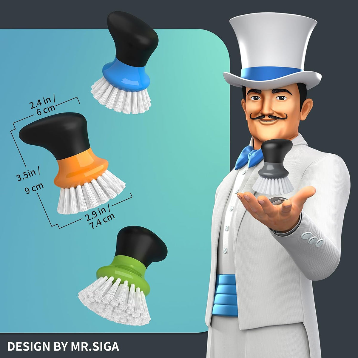 MR.SIGA Dish Scrub Brush, Palm Brush Dish Scrubber, Gray, Pack of 2