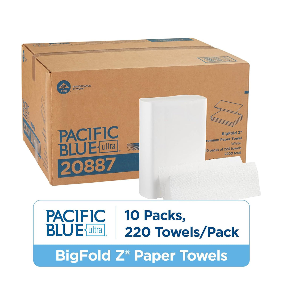Pacific Blue Ultra Big Z-Fold Paper Towels by GP PRO (Georgia-Pacific), White, 20887, 220 Paper Towels Per Pack, 10 Packs Per Case (2200 Total), 10.20'' x 10.80