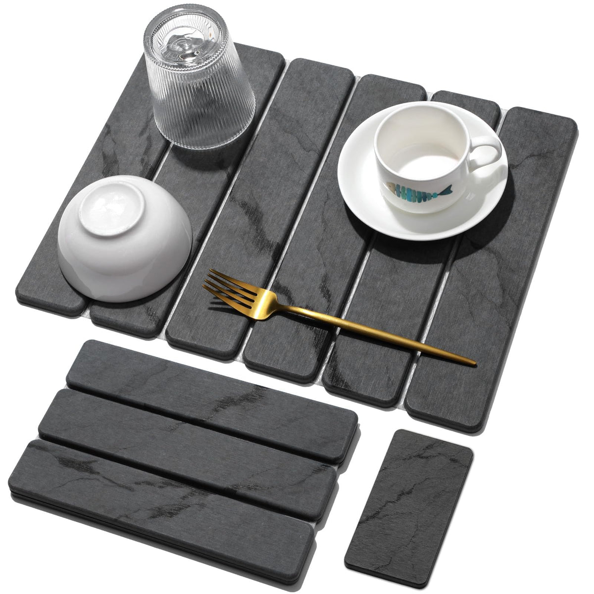 Large Stone Dish Drying Mat for Kitchen Counter, Quick Dry Stone Dishes/Bath Mats,Foldable Water Absorbing Diatomaceous Earth Drying Organizer Pad for Plate Rack Bottles Utensils(Dark Gray 24"×16")
