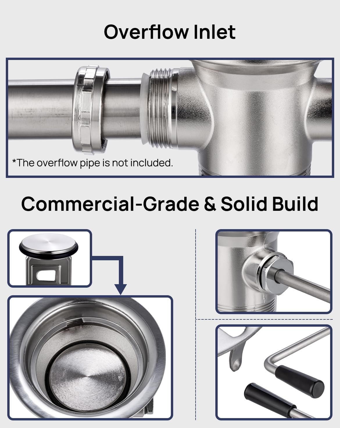 3-1/2" Commercial Sink Drain with Overflow, Twist Handle Waste Drain Valve