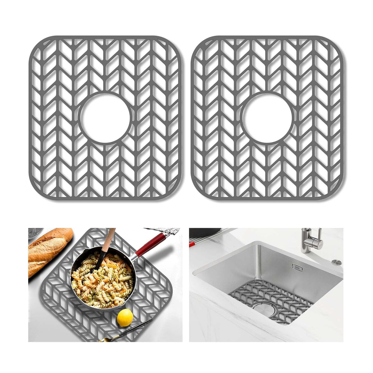 GUUKIN Sink Protectors for Kitchen Sink, 26''x 14'' Silicone Kitchen Sink Mat Grid for Bottom of Farmhouse Stainless Steel Porcelain Sink with Rear Drain (Grey)