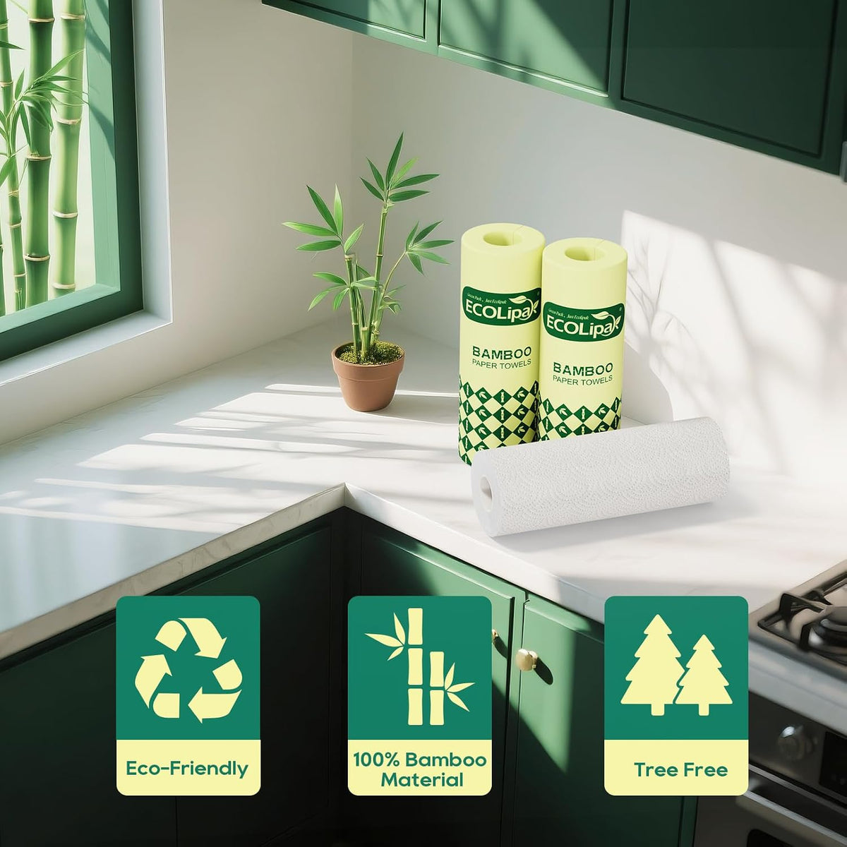ECOlipak Bamboo Paper Towels - 8 Rolls, 2 Ply 120 Sheets- Plastic Free, Tree Free, Compostable, Disposable Kitchen Paper Towels, Soft and Absorbent, PFAS Free, White