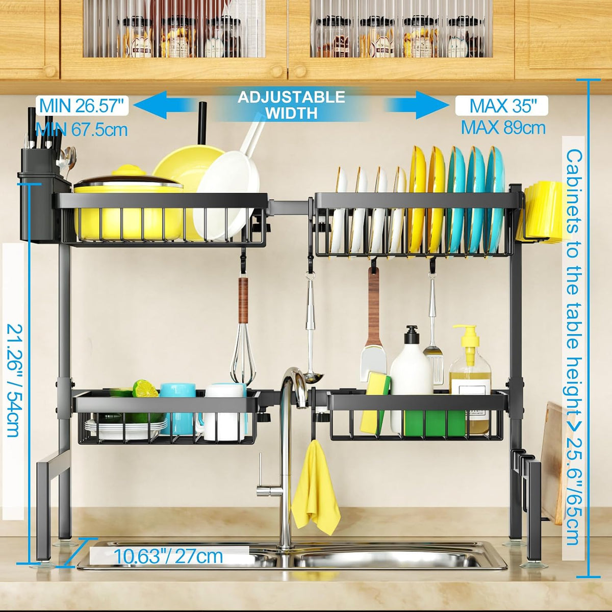 SNSLXH 4 Baskets 2-Tier Over The Sink Dish Drying Rack, 26.57"-35"