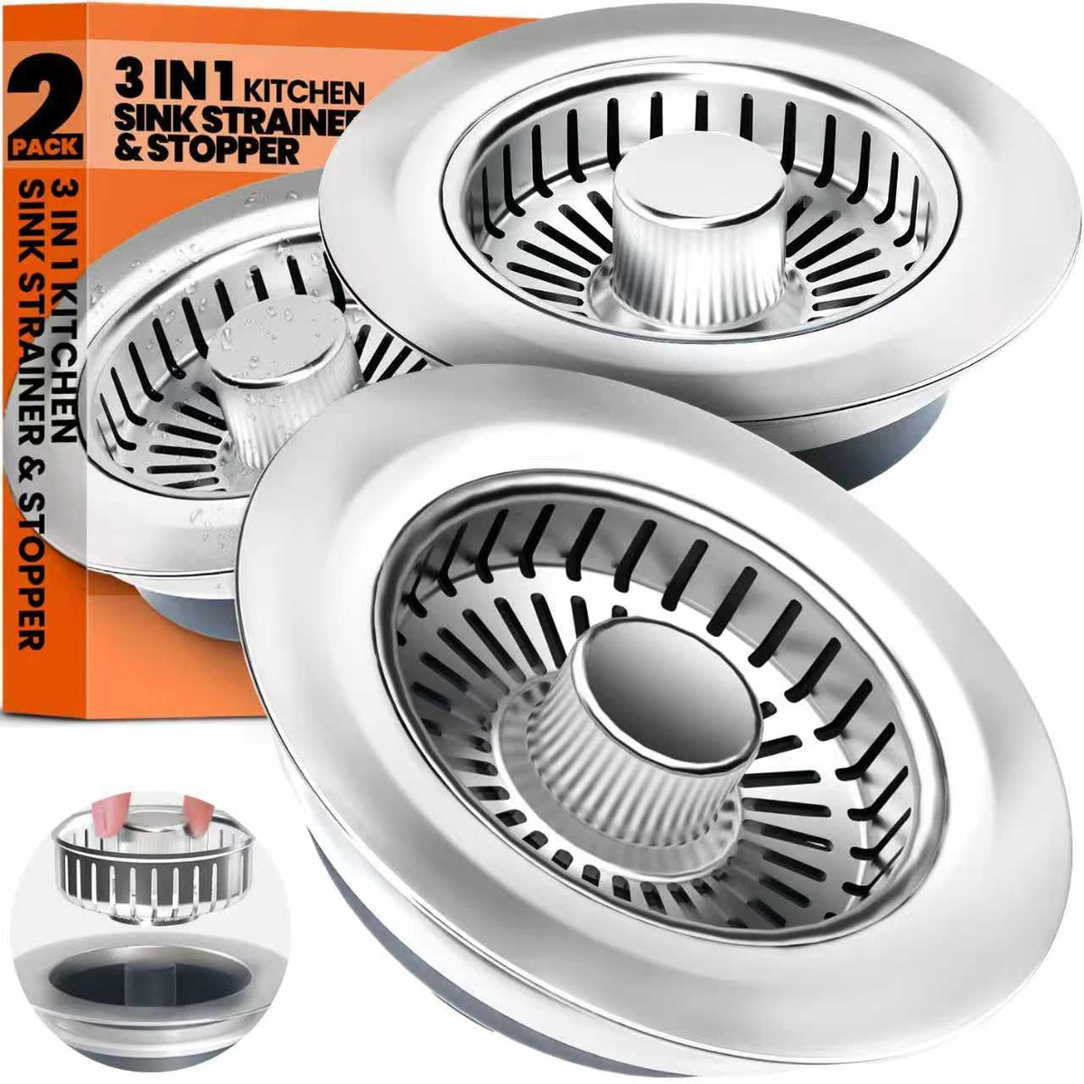 3 in 1 Kitchen Sink Drain Strainer Stopper Basket Pop Up Silver