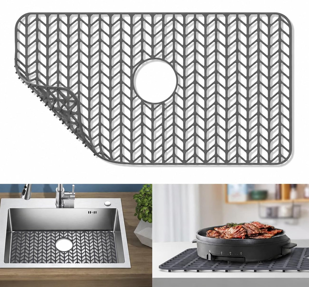 GUUKIN Sink Protectors for Kitchen Sink, 26''x 14'' Silicone Kitchen Sink Mat Grid for Bottom of Farmhouse Stainless Steel Porcelain Sink with Rear Drain (Grey)