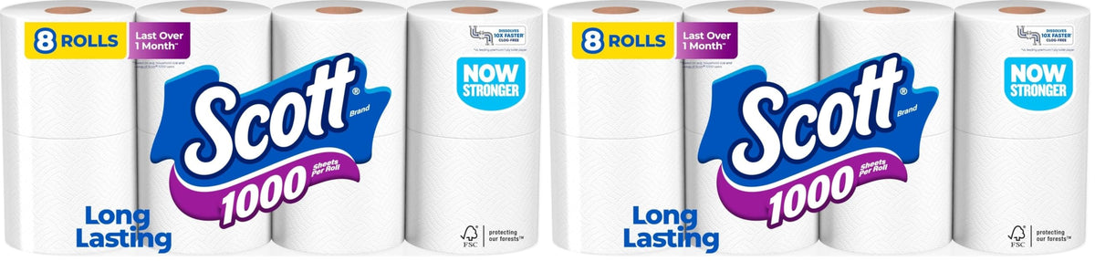 Scott 1000 Toilet Paper, 8 Rolls, Septic-Safe, 1-Ply Toilet Tissue