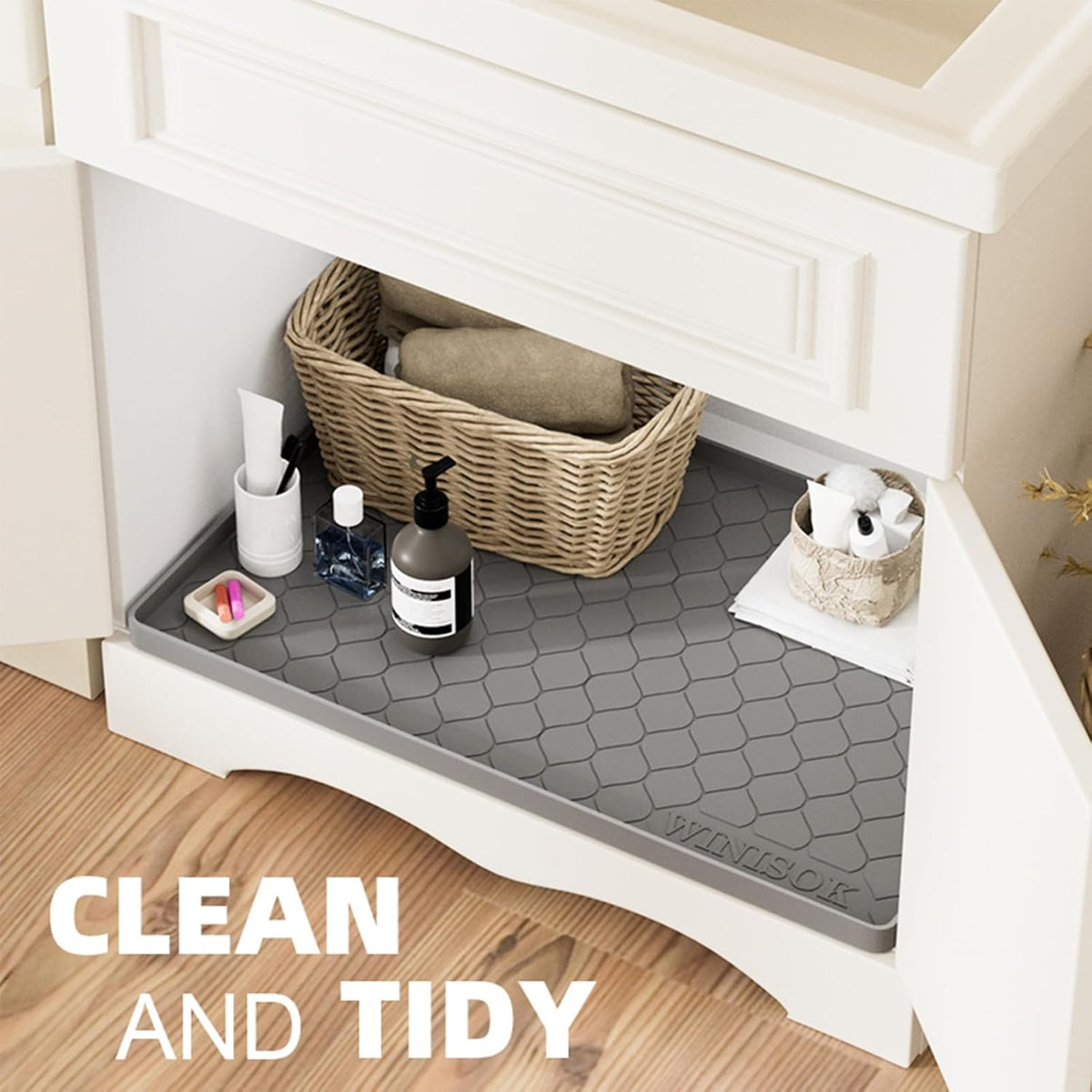 Winisok Waterproof Under Sink Mat 34" x 22", Silicone Mat, Beige