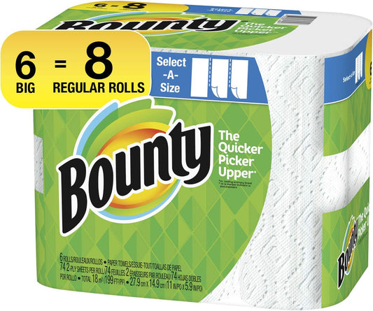 Bounty Select-A-Size Paper Towels, White, Big Rolls, 6 Count of 74 Sheets Per Roll, 6 Count (Pack of 1)