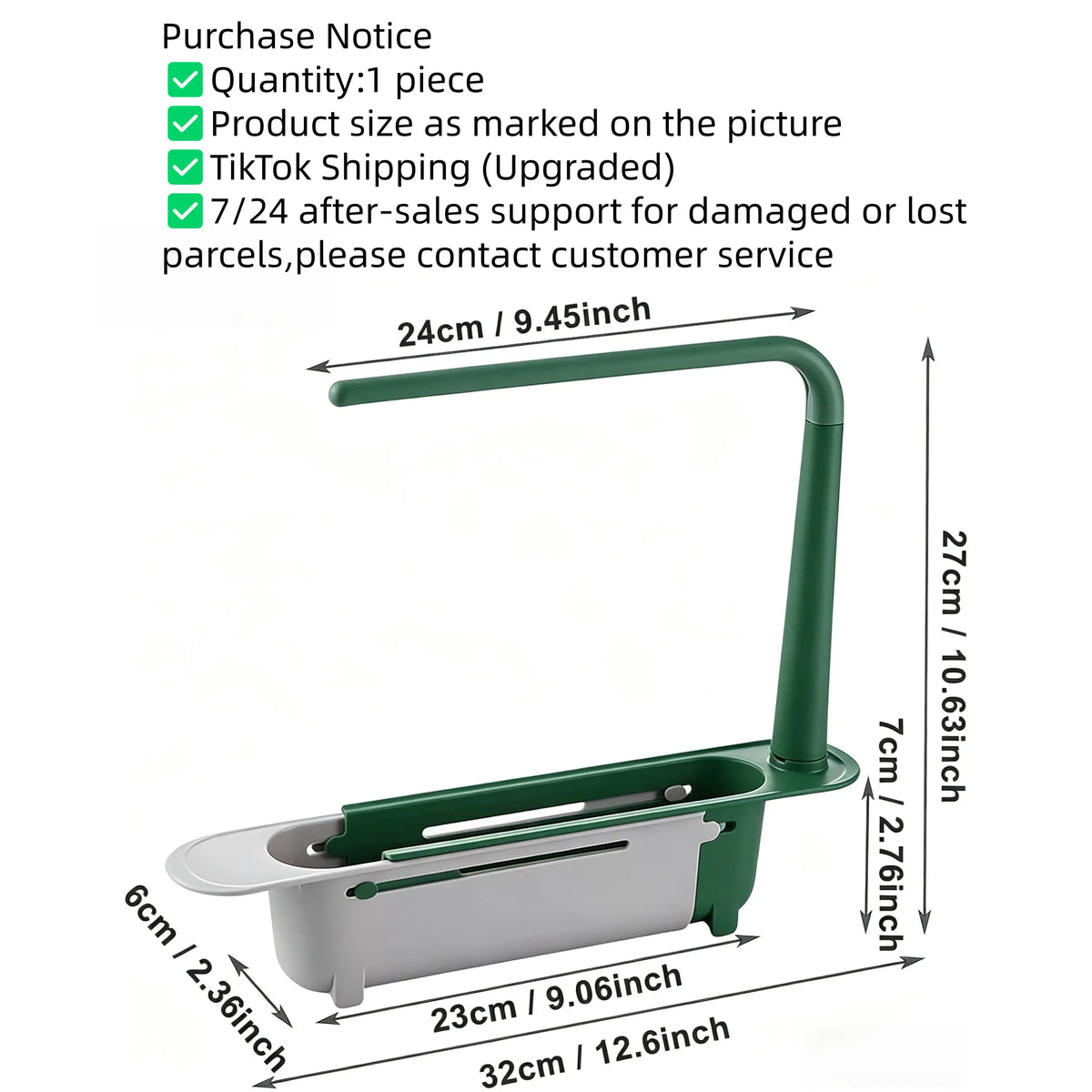 1 PCS Upgraded Telescopic Sink Organizer Rack - 2-in-1 PP Plastic Expandable Storage Tray with Buckle, Detachable Tray, Hollow Basket, Sponge Soap Holder, Cloth Hook, Easy Clean Lever, Fast Expand/Retract, Easy Installation, Tools Stay Sorted (Green)