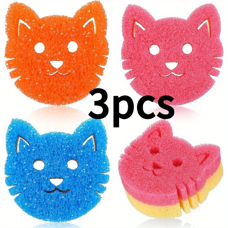 3pcs Double-Sided Scrub Sponges, Temperature-Sensitive Surface - Scratch-Free Dishwasher Safe, Multi-Color Cat Face Design, Suitable for Kitchen, Bathroom and Pet Cleaning, Durable Kitchen Sponge