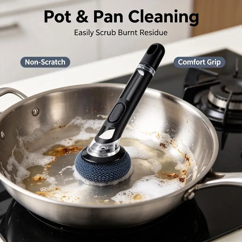 Long Handle Soap Dispensing Pot Brush, Kitchen Dish Cleaning Brush with Replaceable Brush Heads for Washing Pans Pots, Cleaning Tool