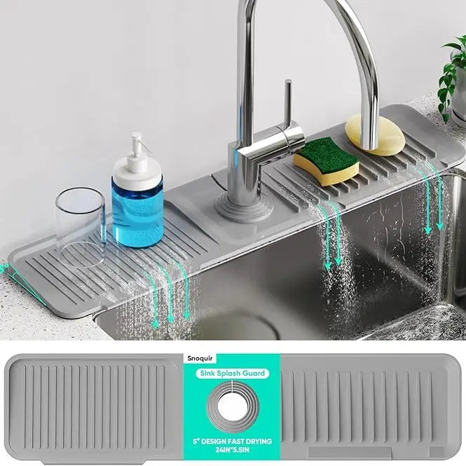 【SohoChic】24-Inch Silicone Kitchen Sink Faucet Mat - Splatter Guard, Water Splash Guard, Longer Draining Sink Protector for Faucet Area, Grey