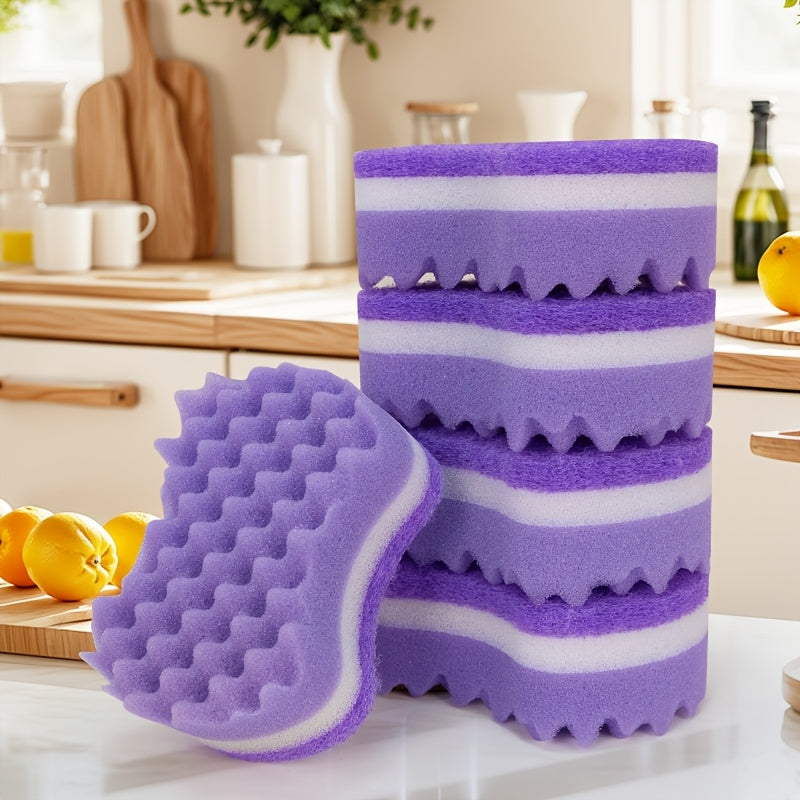 Purple Three-Layer Wavy Sponge Wipe, Soft And Skin-Friendly Thickened Design, Layered Structure, Durable And Not Easy to Deform, Rounded Corners Do Not Hurt Utensils, Absorbent, Quick-Drying And Easy to Clean