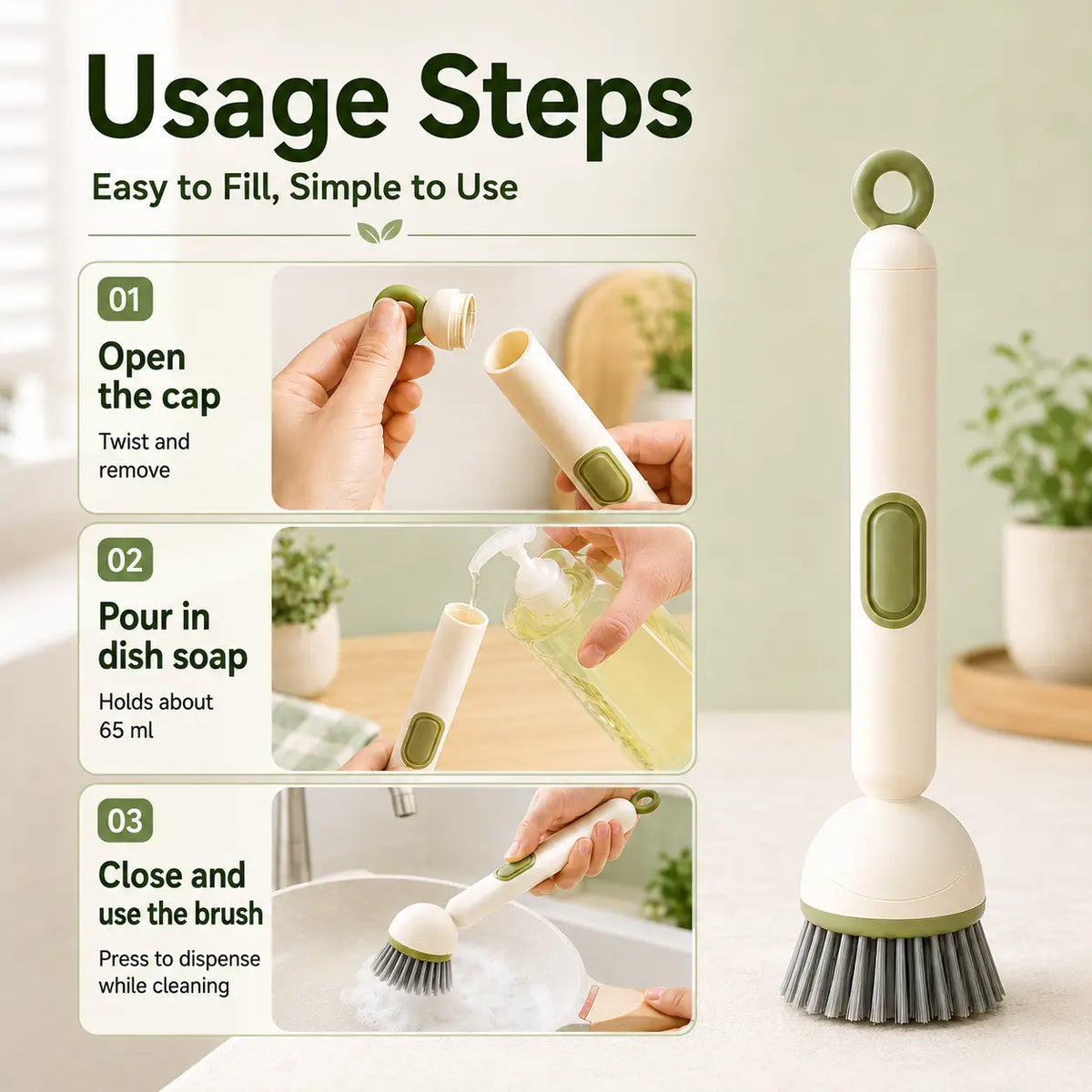 6-in-1 Adjustable Multi-Use Dish Brush with Soap Dispenser, 360° Rotates for Pots, Pans, Sink Kitchen Cleaning, Multi-Use Brush, Rotates 360°
