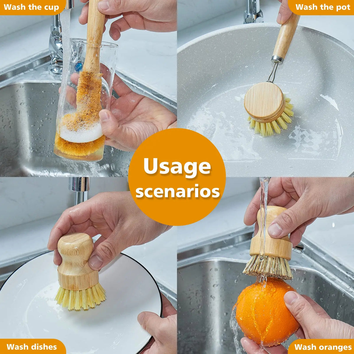 Plastic-Free Bamboo Dish Brushes Set, 4-Piece Natural Bristle Brushes with Tight Bristle Hold - Steel-Reinforced, Non-Toxic Multifunctional Cleaning Kitchen Utensil, Hanging Hole, Ideal Gift for Friends