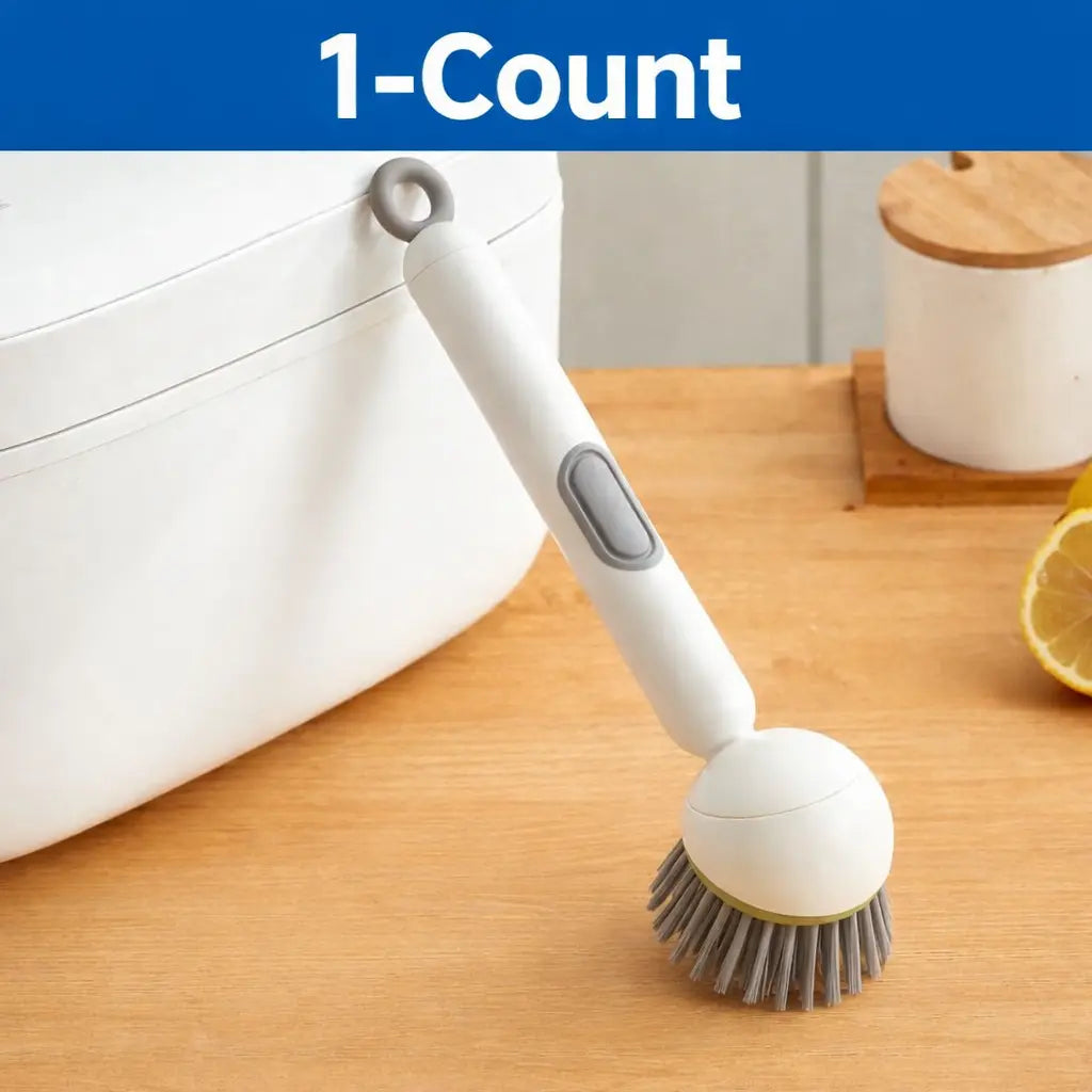 6-in-1 Dish Brush with Detergent Dispenser 360° Rotating Scrubber for Pots Pans Dishes & Utensils Adjustable Angles Non-Slip Grip Handle Durable PET Bristles Ergonomic Design Anti-Slip Grip Integrated Soap Dispenser