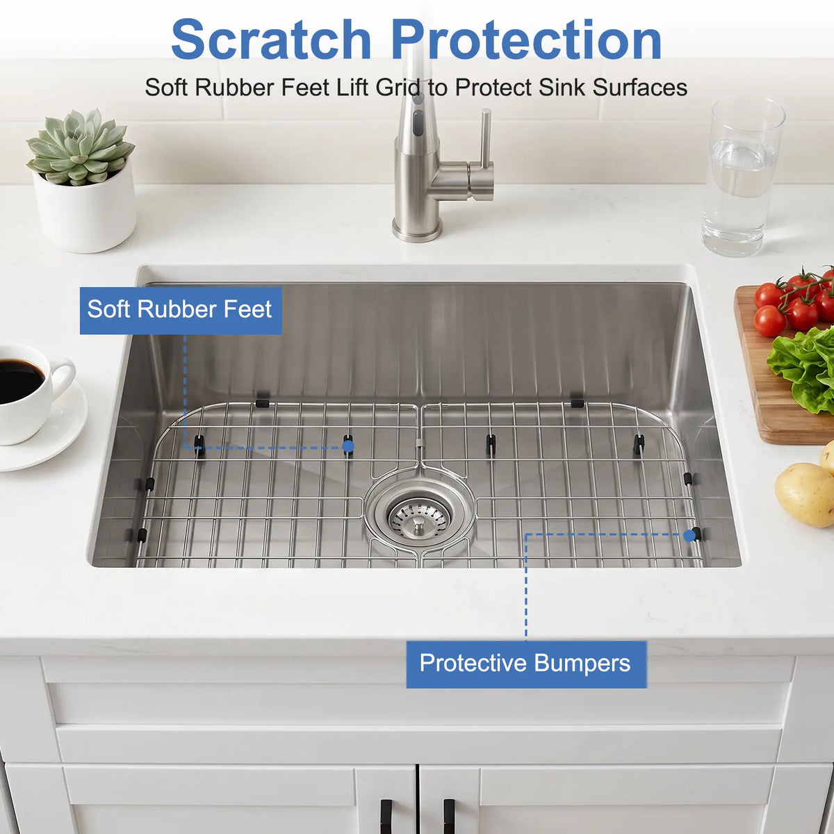 【IdealHouse】 Rectangular Foldable Stainless Steel Sink Rack, 26x14.1in Sink Protector Grid with Center Drain Hole, Soft Rubber Feet, Bumpers, Scratch-Proof Dish Drying Rack for Kitchen Use, Foldable Grid