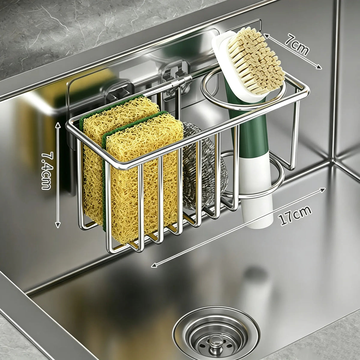 TAILI 4-in-1 Sink Caddy for Kitchen Sink with Strong Suction Cup-Silver | Removable Sponge Holder for Kitchen Sink Organizer, Rustproof 304 Stainless Steel Holder for Sponge, Brush, Scrubber, Scraper