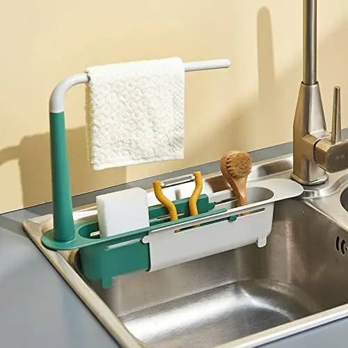 1 PCS Upgraded Telescopic Sink Organizer Rack - 2-in-1 PP Plastic Expandable Storage Tray with Buckle, Detachable Tray, Hollow Basket, Sponge Soap Holder, Cloth Hook, Easy Clean Lever, Fast Expand/Retract, Easy Installation, Tools Stay Sorted (Green)